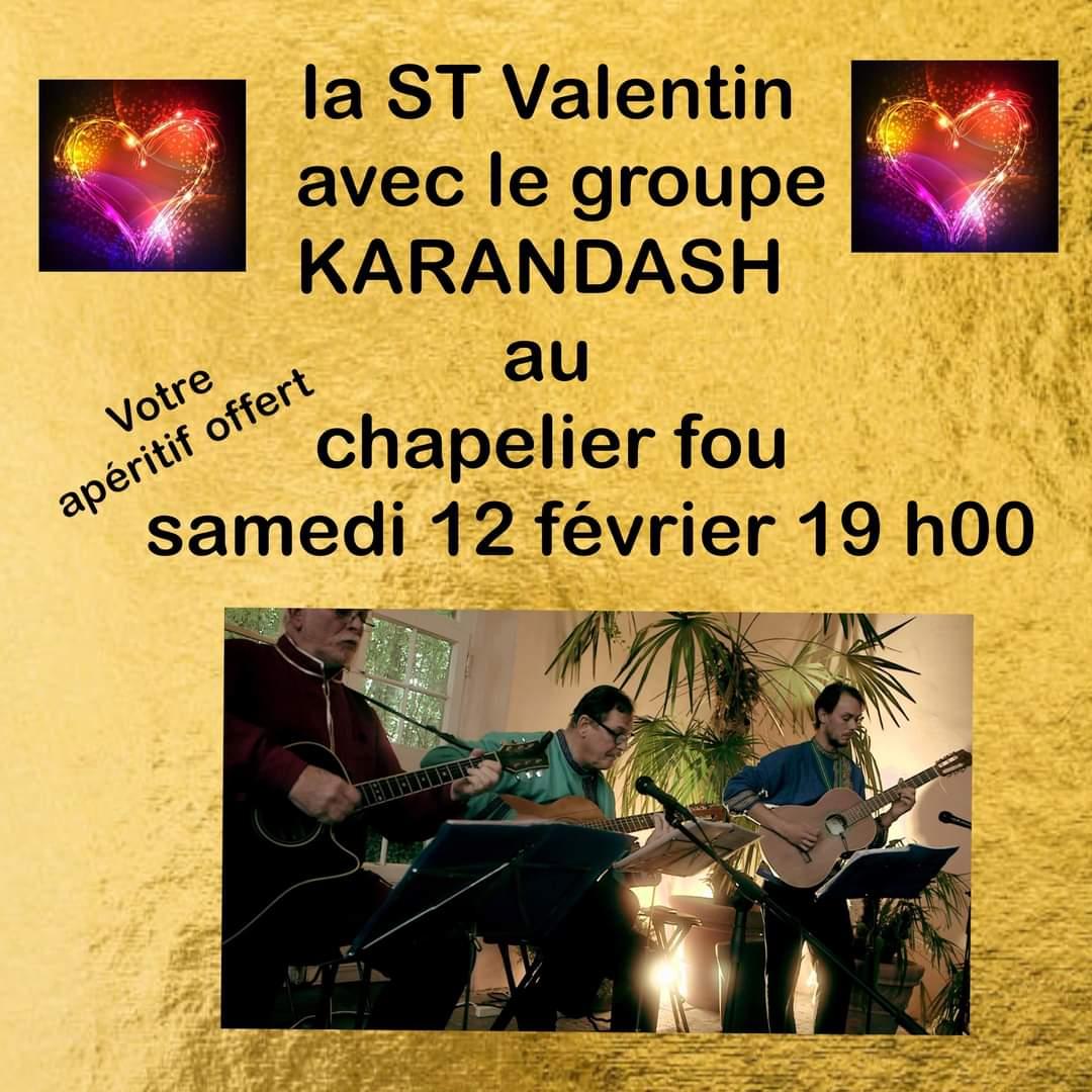 Affiche. Restaurant « Le Chapelier Fou ». La Saint-Valentin avec le groupe Karandash. 2022-02-12